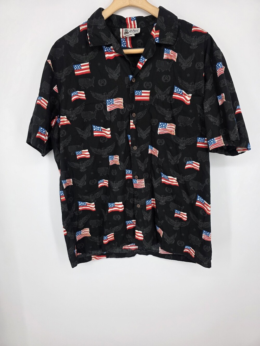 Vintage Aloha Republic Men's American Flag Hawaiian Shirt Black Size XL.